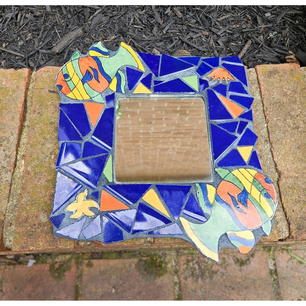 Terracotta Mosaic Tile Fish Mirror Decor 
8.5" x 8", Beach Ocean Decor, FLAWS